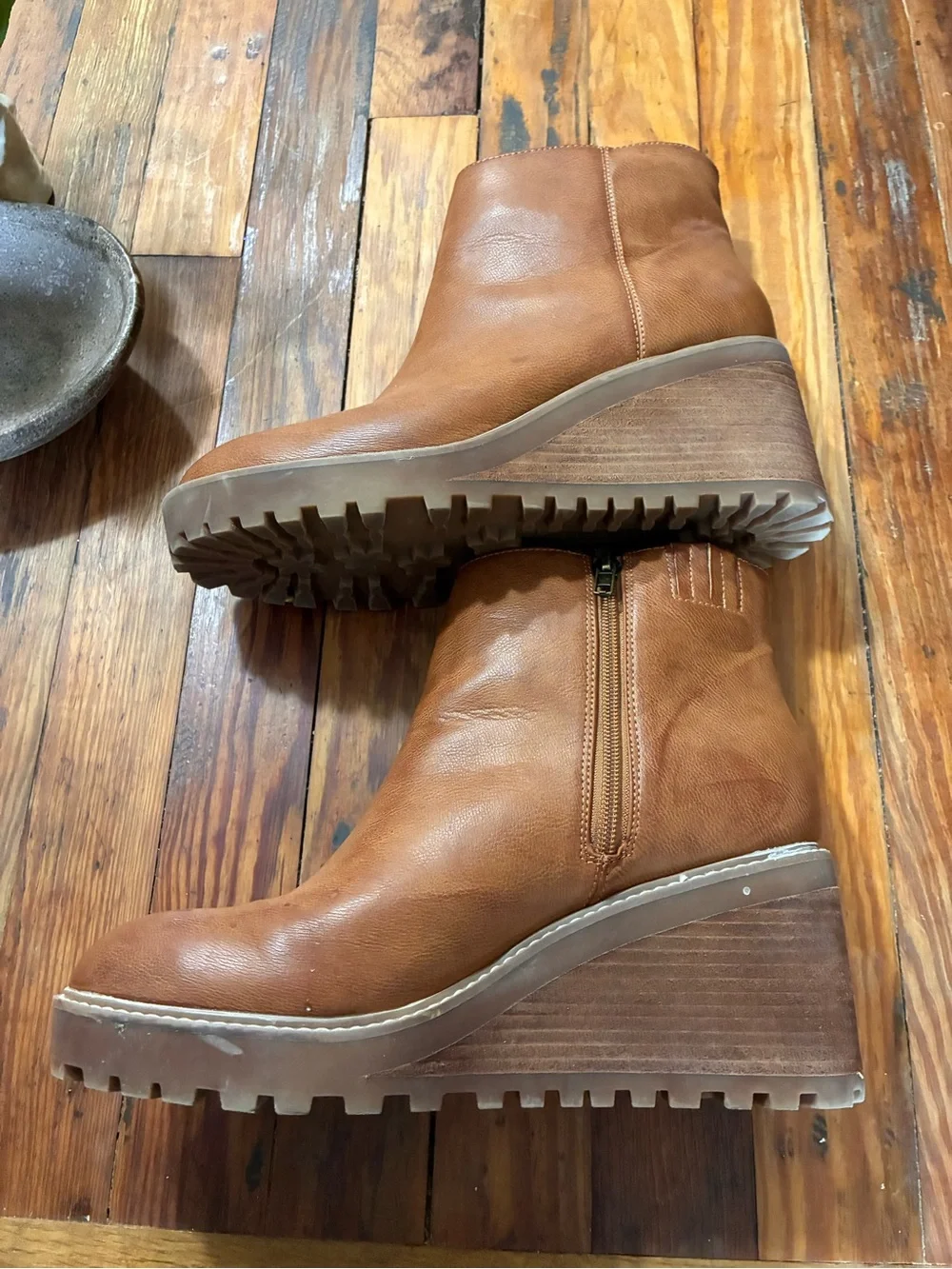 Yellow Box Cognac Wedge Ankle Boots with Side Zip size 9.5